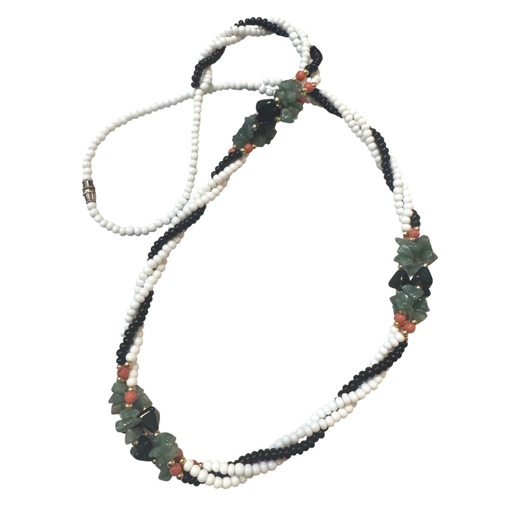 Vintage Multi Strand Beaded Necklace Twisted Seed‎ Bead Green Stone Statement